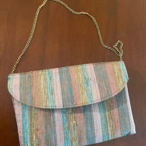 Pink and Blue Striped Clutch with Gold Chain